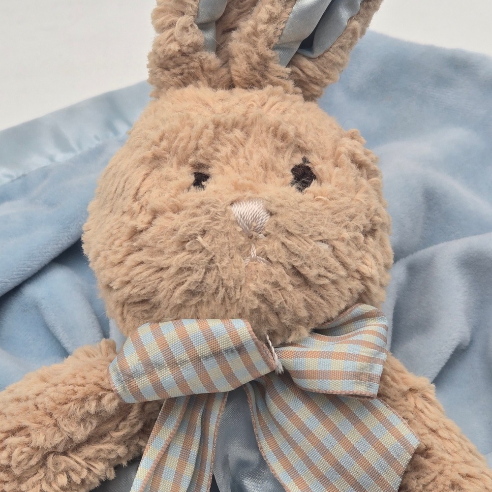 Bearington Baby Blue Bunny Lovey Security Blanket Plush Plaid Bow Satin Trim